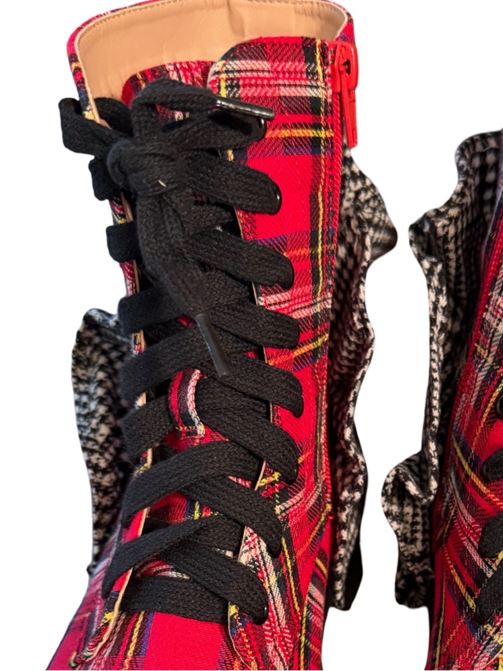 Betsey Johnson NWT Sz 9 Rozy Red Plaid Combat Boots Houndstooth Accent (SH327) - Picture 5 of 12